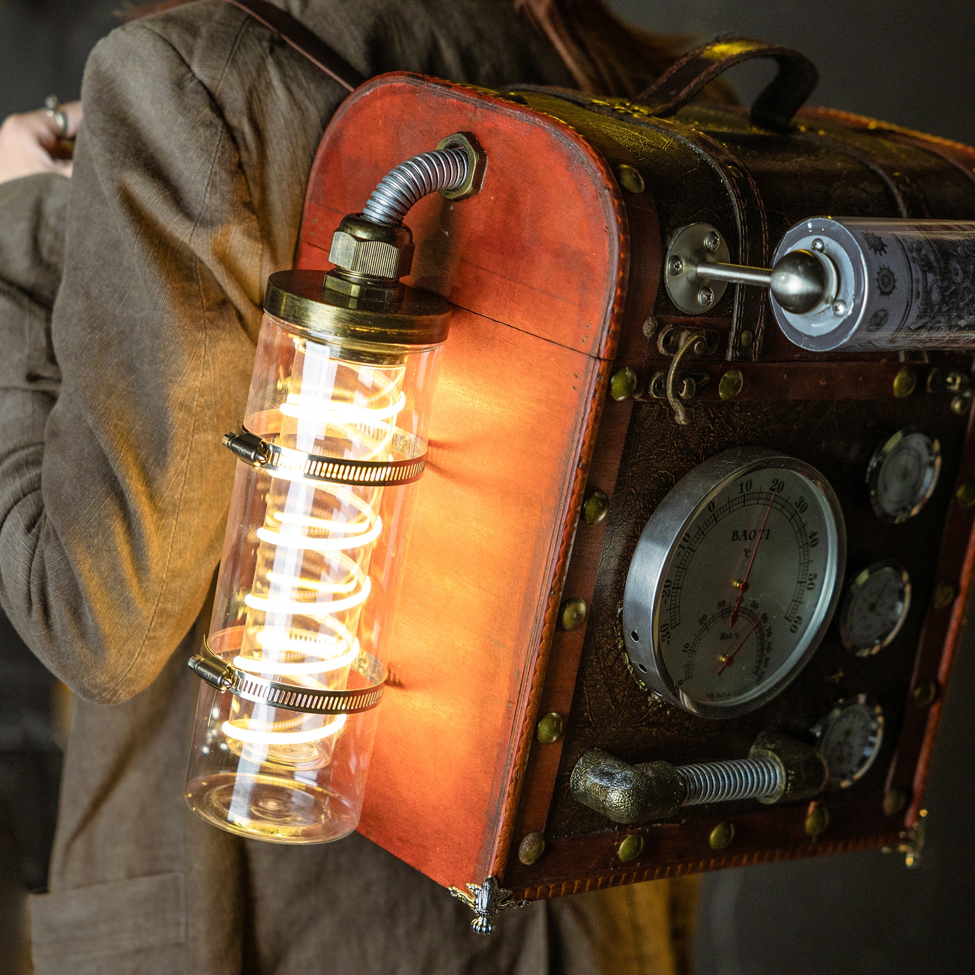 "Matchbox" Handcrafted Steampunk Backpack with Gauges & Lights - Image 10