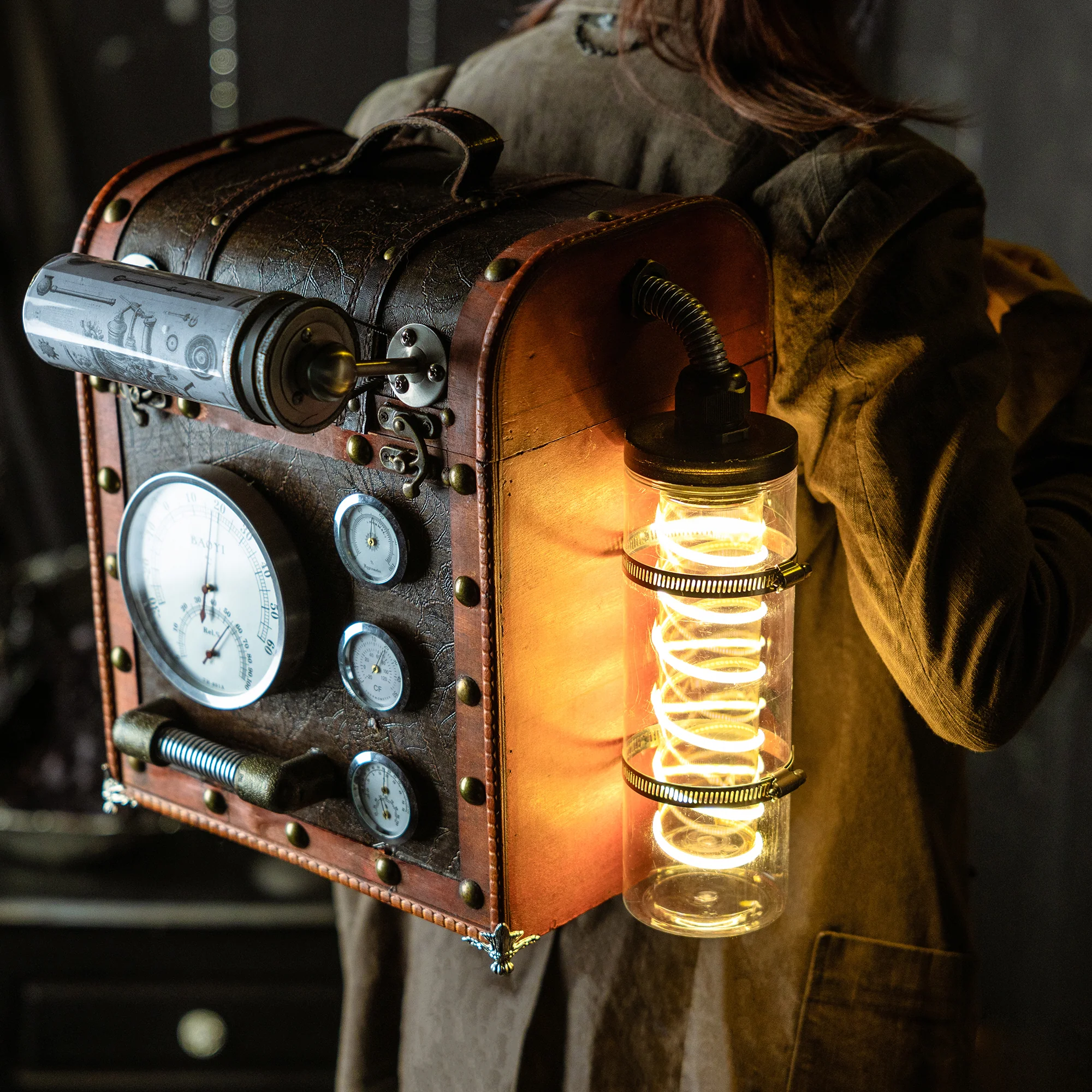 "Matchbox" Handcrafted Steampunk Backpack with Gauges & Lights - Image 9