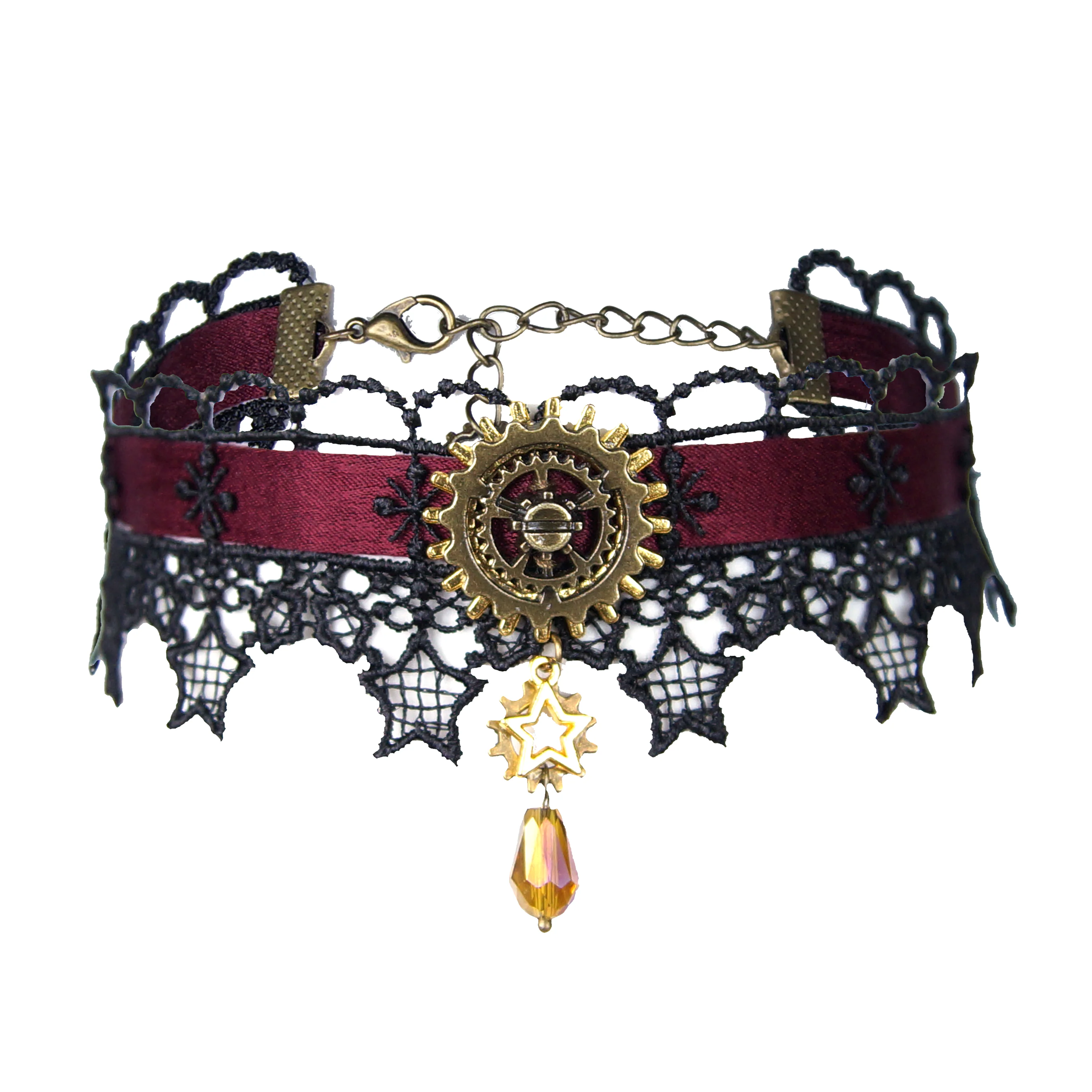 Steampunk Satin Ribbon Lace Choker (Burgundy) - Image 3